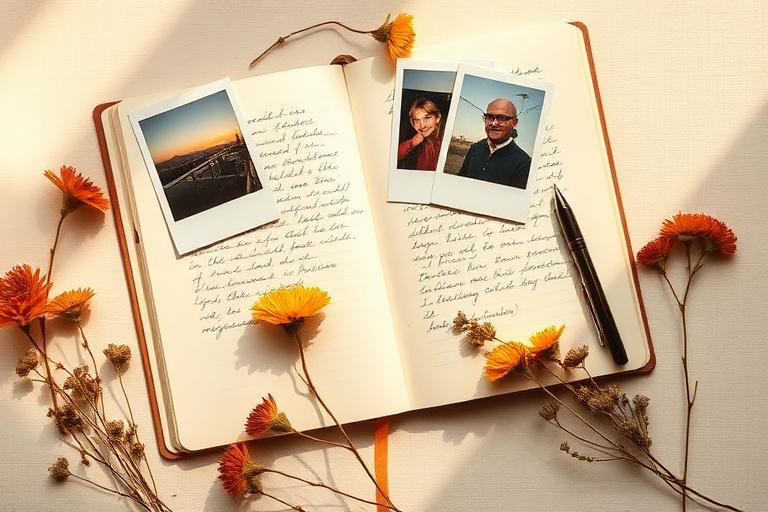 Open handwritten travel journal with polaroid photos