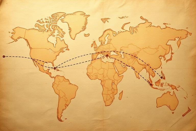 Vintage paper map with a dotted flight route