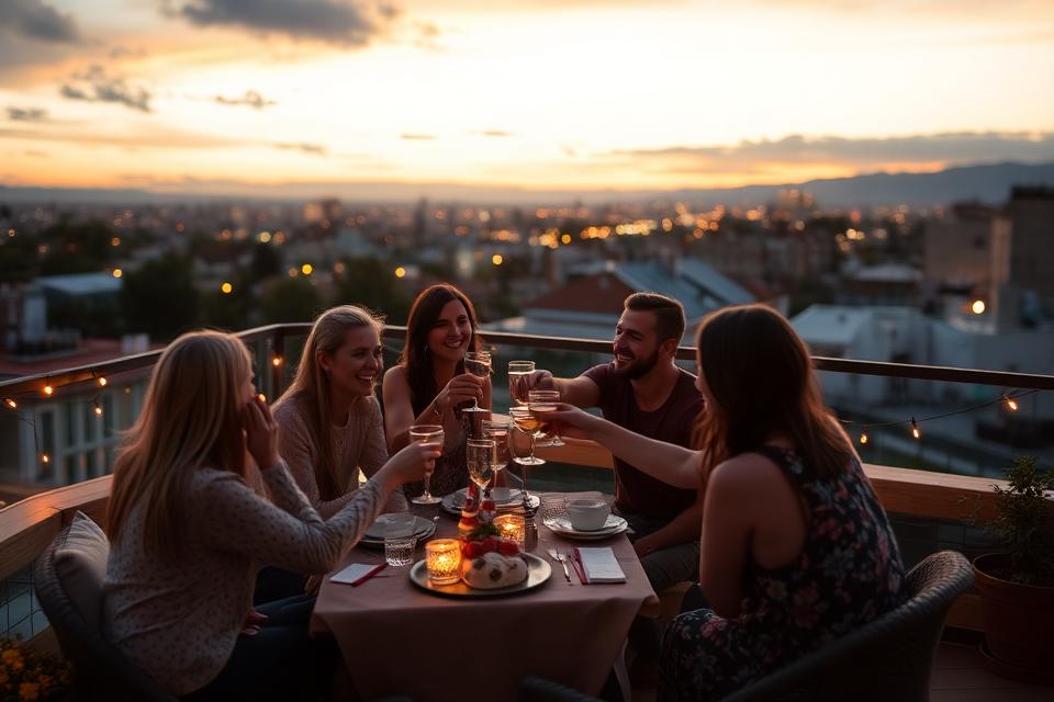 Friends toasting at a rooftop birthday party at dusk