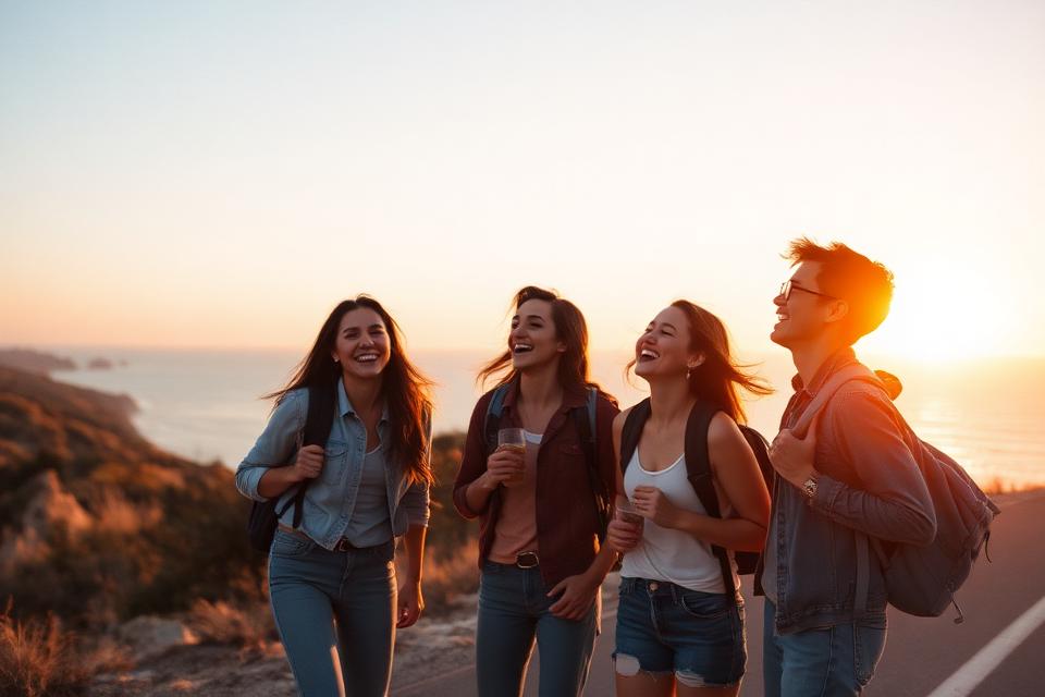 Friends laughing on a coastal road trip at golden hour