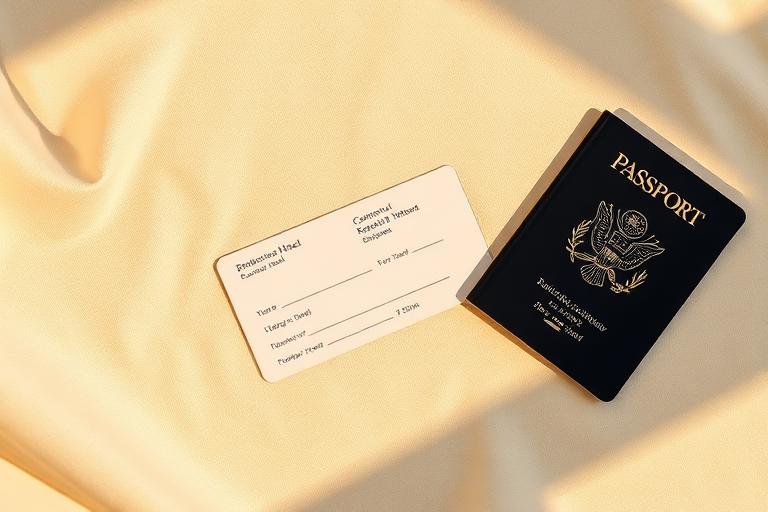 Hotel key card, boarding pass and passport on cream linen